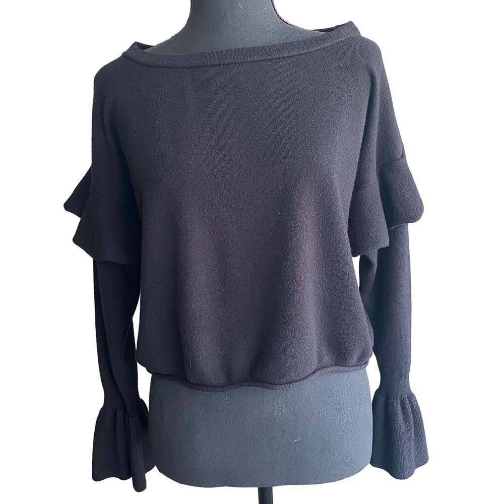 Zara Knit Black Flounce Sweater Bell Cuff Ruffle Shoulder Black Women Size Small - Picture 3 of 12